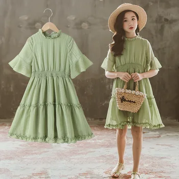 

Children Dress 2020 Summer New Korean Version of the Avocado Green Chiffon Short Sleeve Fungus Splicing Lotus Leaf Girl Dress