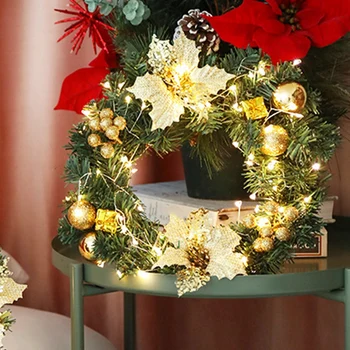 

30CM Christmas Wreath with Light,Spruce Garland with 100 LED Light,Gold Leaf &Pine Cones,Christmas Decoration for House