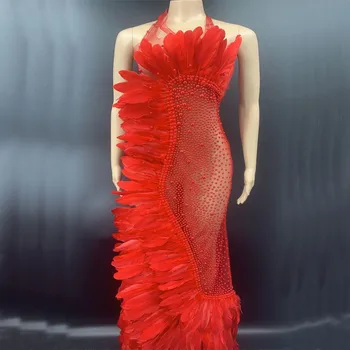 

Fashion New Red Feather Rhinestone See Through Mesh Long Dress Women's Celebrate Dress Bar Evening Outfit Women Dancer Costume