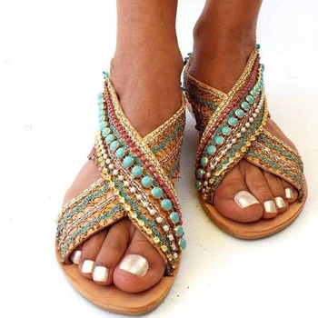 

Summer Sandals Women Flat Sandals Bohemian Handmade Beaded Ethnic Women's Shoes Plus Size Mujer Female Beach Flat Sandals