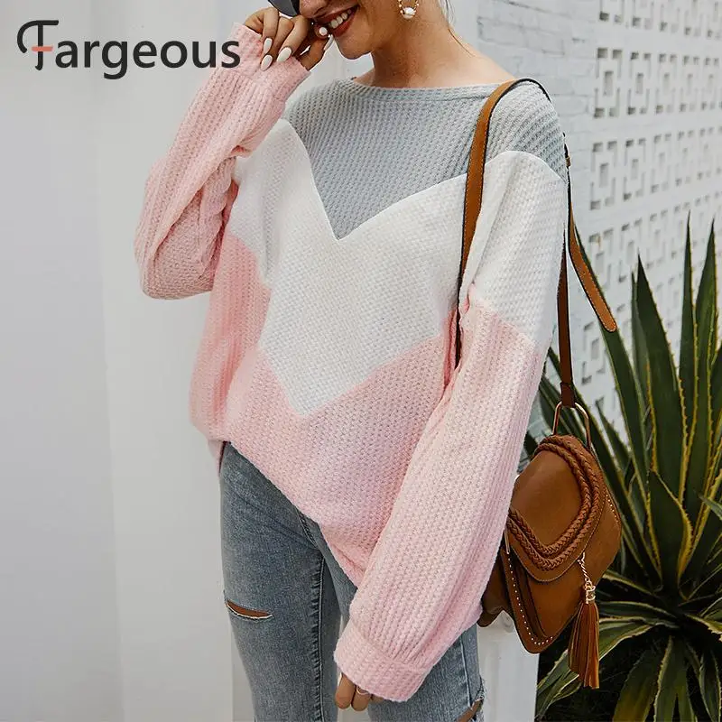 Fargeous, Женская Повседневная Лоскутная футболка, Осень-зима, длинный рукав, цвет блока, свободная рубашка, для девушек размера плюс, модные вязаные топы