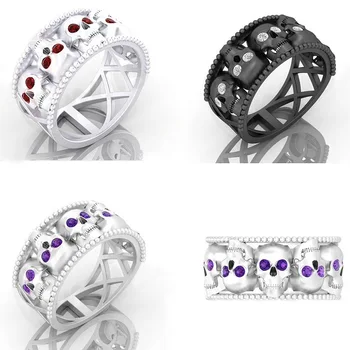 

European And American Creative Skull Ring Diamond Blue Gem Zircon Ring Punk Style Unique Personality Jewelry Factory Wholesale