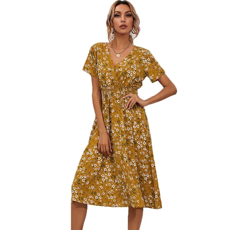 Yellow Vintage Floral Print Women Summer Dress 2021 Casual Vneck Short Sleeve Aline Chiffon