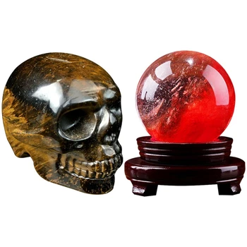 

2 Inch Natural Tiger Eye Jasper Quartz Crystal Skull & 80mm Red Citrine Calcite Quartz Crystal Sphere Ball with Stand