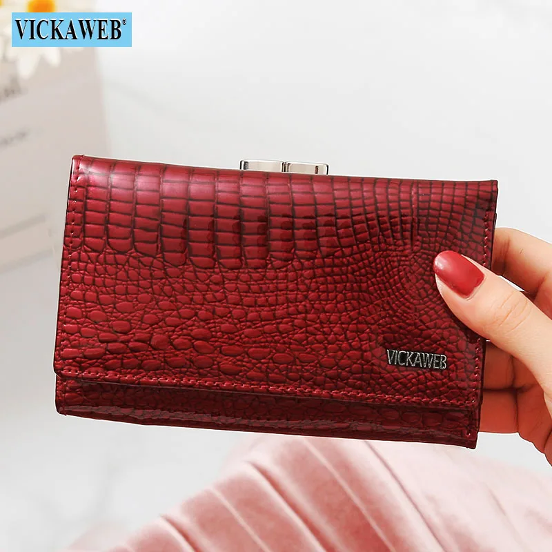 Date Red Wallet VICKAWEB Women Genuine Leather Short Wallet Female Fashion Purses Ladies Alligator Hasp& Zipper Coin Purse Woman Small Wallets - Цвет: Date Red Wallet
