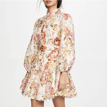 

Women Hollow Out Summer Lace Dress Floral Print Stand Collar High Waist Tunic Dresses With Belt 2020 New