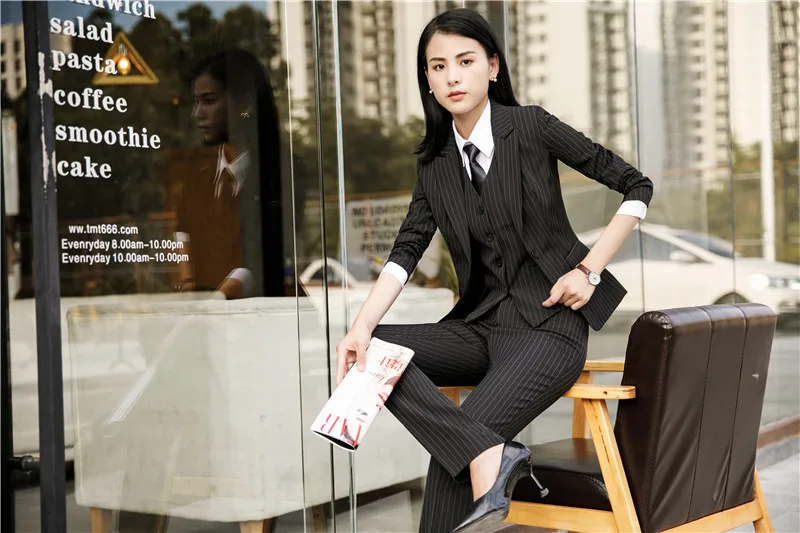 Fashion Striped Women Blazers Jackets Coat Business Work Wear Autumn Winter Uniform Styles Female Tops Outwear Clothes
