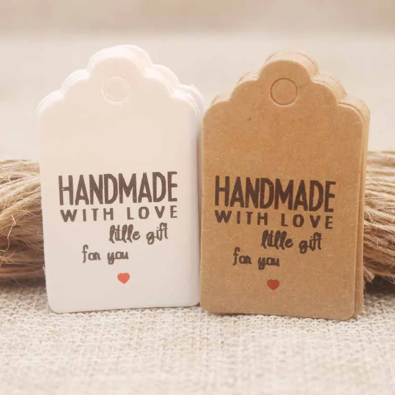 

5*3cm DIY Handmade with red heart gifts label tag scallop Wedding Party PaperTags Price label Tag Cards100pc with 100ropes