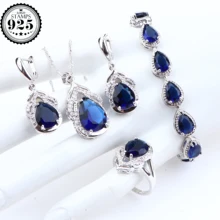 Синий кубический циркон 925 стерлингового серебра Ювелирные наборы Свадебные серьги для женщин Подвеска для драгоценного ожерелья Кулон Кольцо Набор подарочных коробок