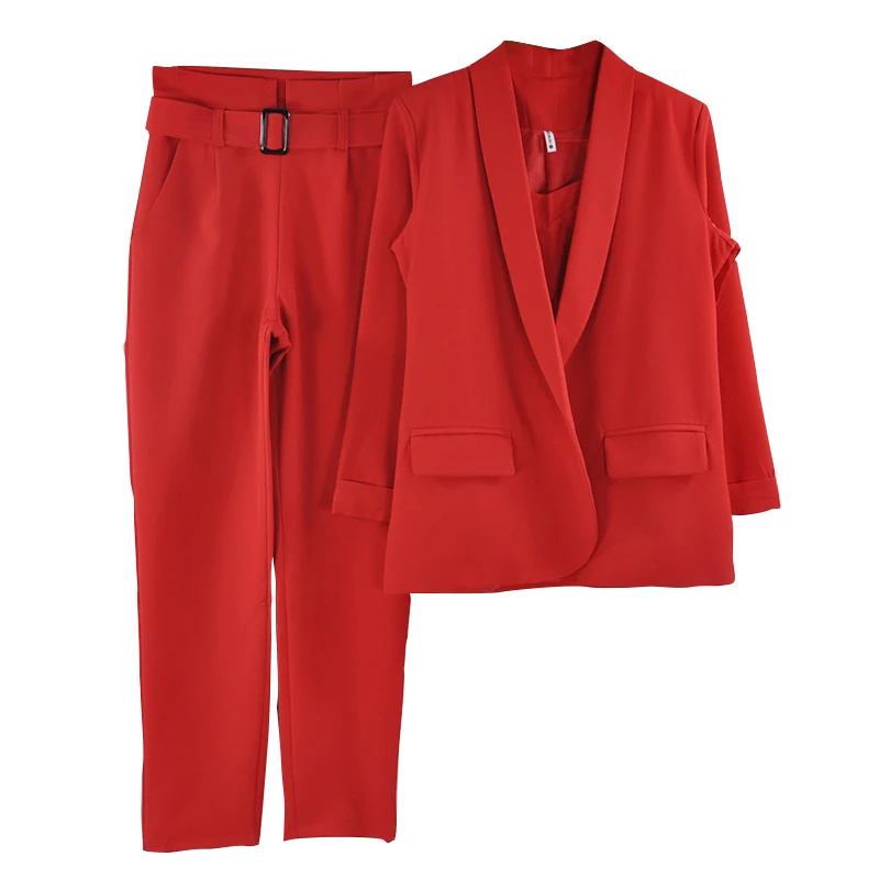 XIN KAI офисный женский однотонный комплект из 3 предметов, приталенный Блейзер без пуговиц, топы и брюки, женские брюки, костюмы - Цвет: Красный
