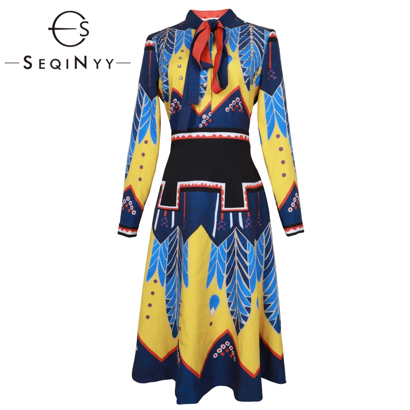 

SEQINYY Blue Dress 2020 Spring Summer New Fashion Design Women High Quality Crystal Bow Printed A-line Knee Dress