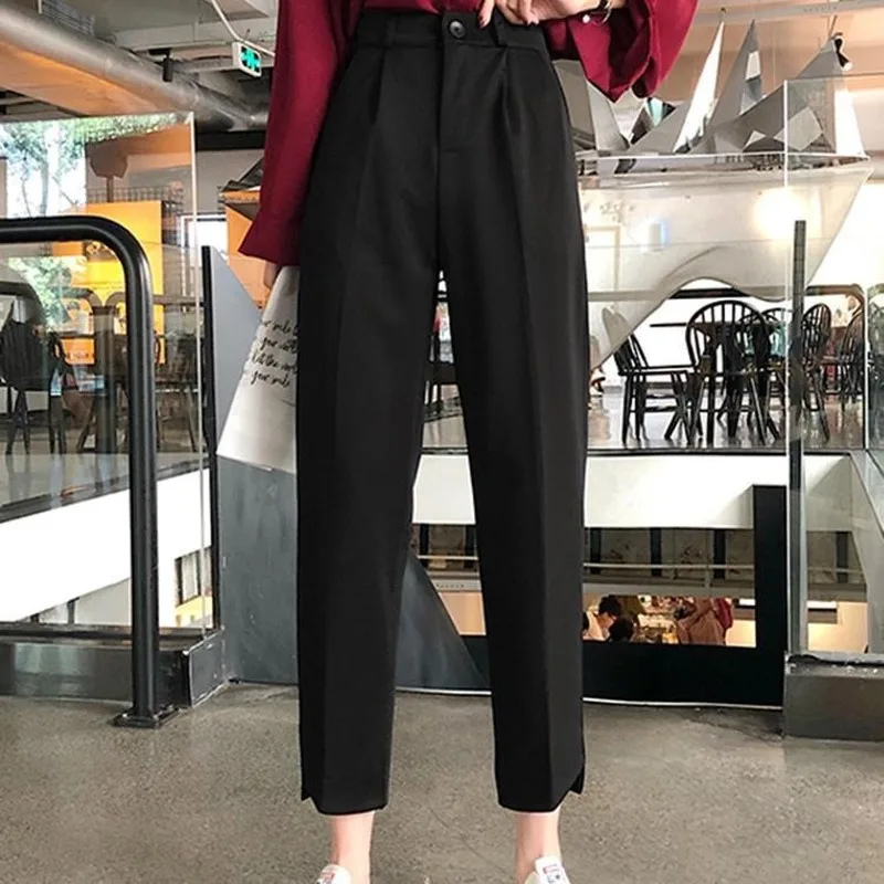 

HOUZHOU High Waisted Suit Pants Women Autumn Korean Style Women Trousers Straight Casual Balck Ladies Pants for Women Button