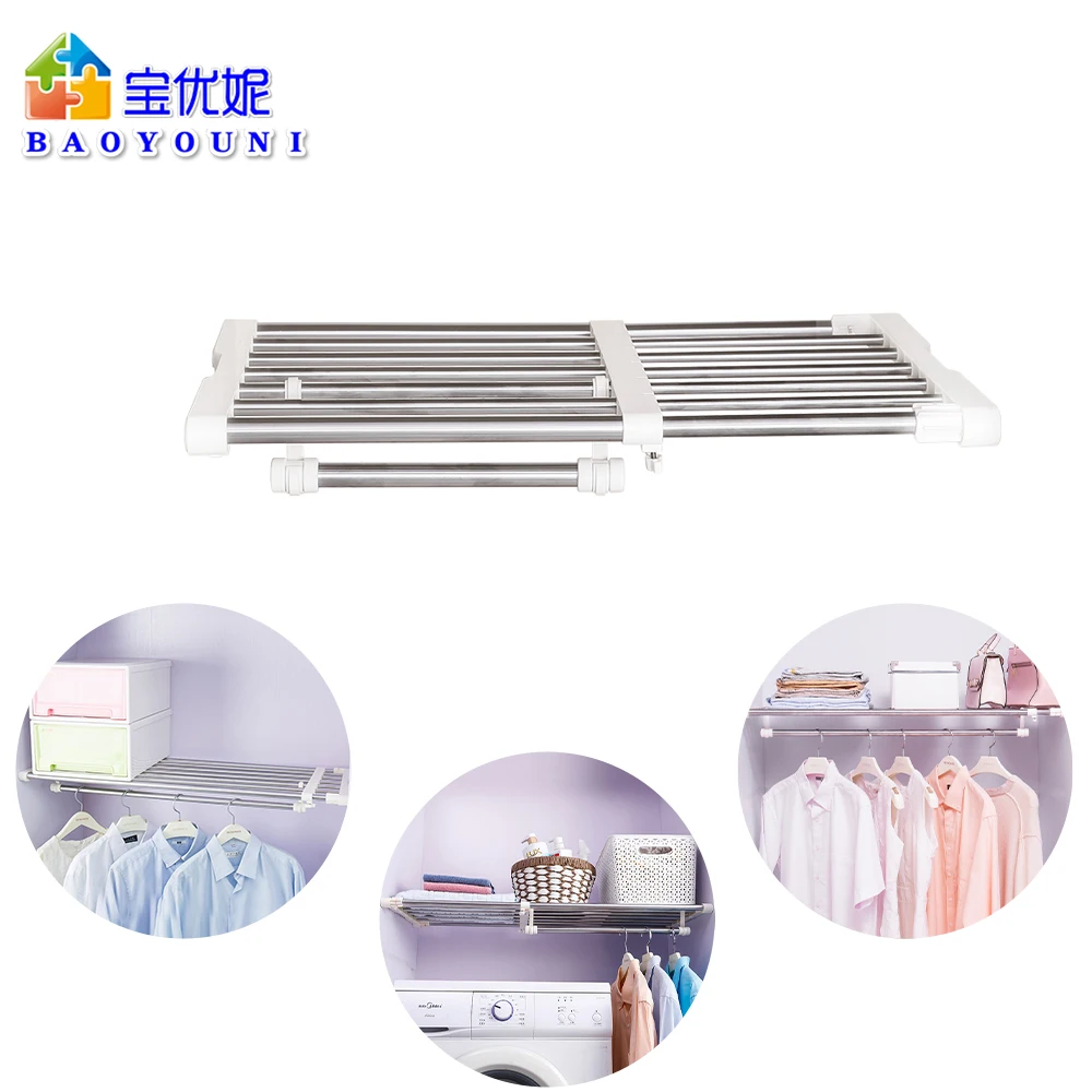 

Телескопическая Полка для шкафа, раздвижная полка из нержавеющей стали, выдвижная полка для хранения Органайзер-Разделитель с вешалкой