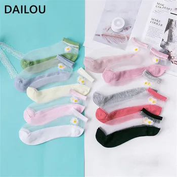 

Summer Socks Women Ultra-thin Transparent Glass Fiber Daisy Flower Silk Socks Pink Fashion Japan Ankle Sock Slipper Pop socket