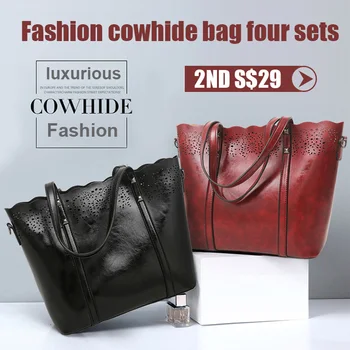 

Ladies Handbag Retro Hollow Mother and Child Bag Three-piece Set Large Capacity Shoulder Bag Messenger Bag Coin Purse Key Case