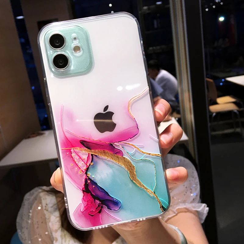 Watercolor Painting Phone Case For iPhone 13 Pro Max 12 Mini 11 X XR XS 7 8 Plus 6S Colorful Marble Clear Soft Shockproof Cover