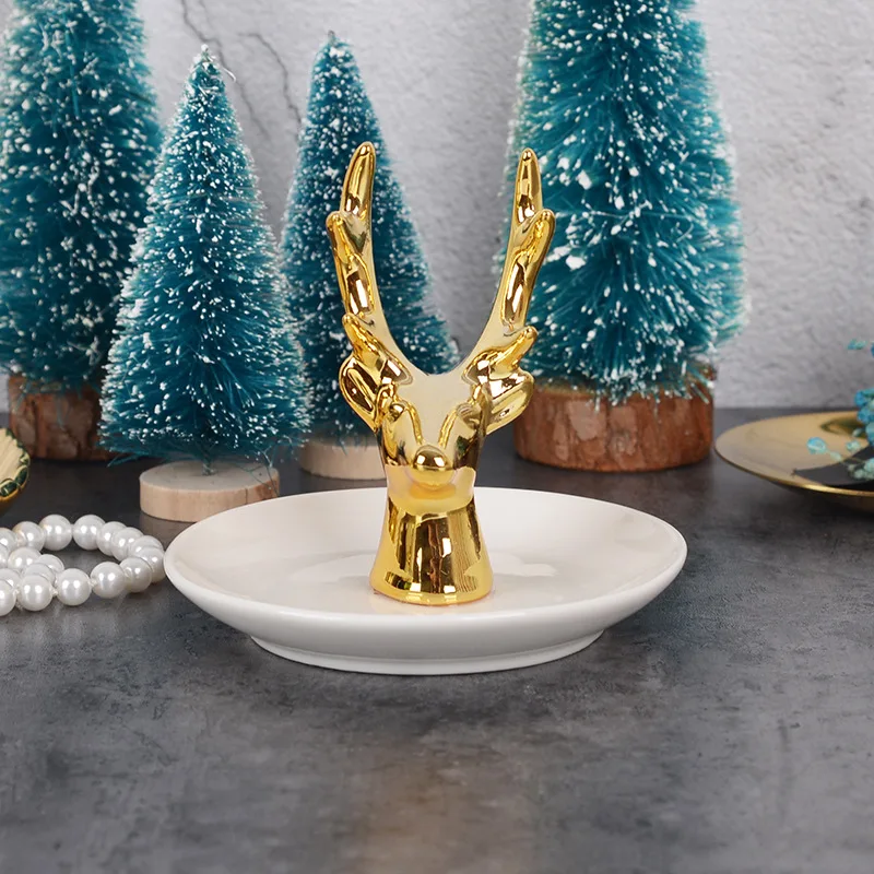 

Deer Head Jewelry Storage Tray Northern European-Style Ceramic Jewelry Rack Jewelry Ring Tray INS Gold Home Decoration