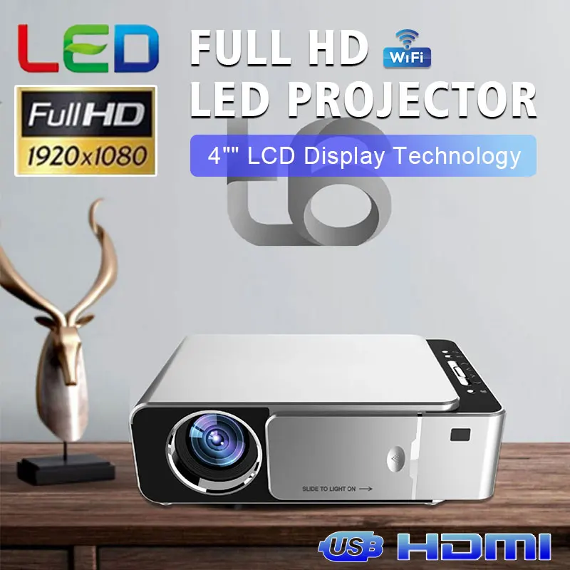 

New T6 Portable HD Projector & Android 7.1 & WIFI video player 1080P HDMI out Media Player & LED Projector for Home Theater Gift