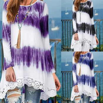 

Daily suit OWLPRINCESS2019 Autumn And Winter Long Sleeve Flower Gradient Color Hem Lace WOMEN'S T-shirt