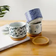 

Chinese style Flowerpot Ceramic flowerpot with bamboo wood support Beautiful Practical