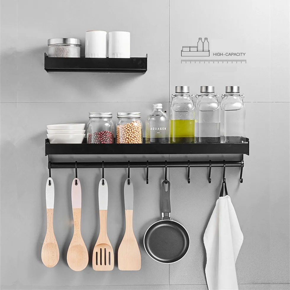 Estante de cocina de aluminio negro, gancho de drenaje para condimentos, montado en la pared, multifunción, despensa, almacenamiento para el hogar, 30cm, 40cm, 50cm