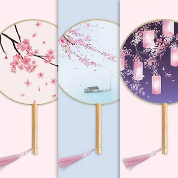 

Antique semi-permeable Fan Tuan Fan Classic Hanfu Round Fan Gong Fan long handle women's Chinese tassels decorative dance