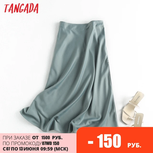 Tangada women solid quality satin midi skirt vintage side zipper office ladies elegant chic A-line skirts 6D18 1