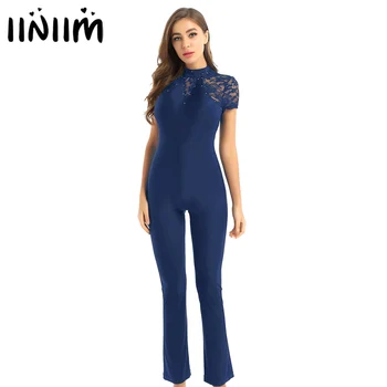 

Womens Femme Lace Jumpsuit Open Back Leotard Ice Skating Costumes Figure Skating Bodysuit Wear Competition Casual Party Clothing