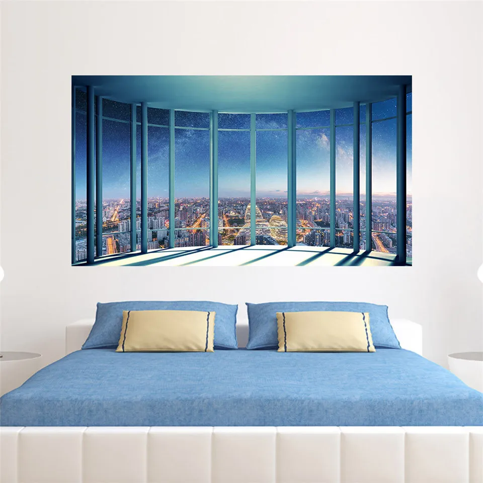 3D Vision Window Scenery Bedside Wallpaper Adhesive PVC Modern Building Wall Sticker For Bedroom Decoration Home Decor DIY Mural | Дом и сад