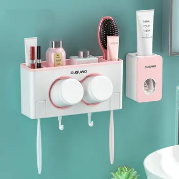 

Wall Mount Toothbrush Holder with 2cups and hooks for Love Couples Bathroom Toothpaste Squeezers Toothbrush Rack Set Accessories