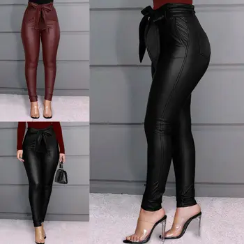 

2020 Newest Women Stretch Skinny Pants PU Leather Trousers Lady Girls High Waist Leggings Long Pants Plus Size Black 2 Colors
