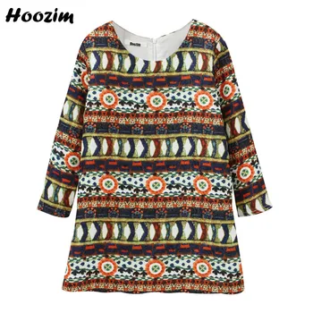 

Vintage Ethnic Print Geometic Long Sleeve Dress Girls 2-8 Years Princess Pattern O Neck Full Back Zipper Straight Dresses Kids