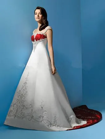 

Hot Sale A Line Court Train Sleeveless Natural Satin White And Red wedding dresses Cap-sleeves Embroidery Bridal Dress