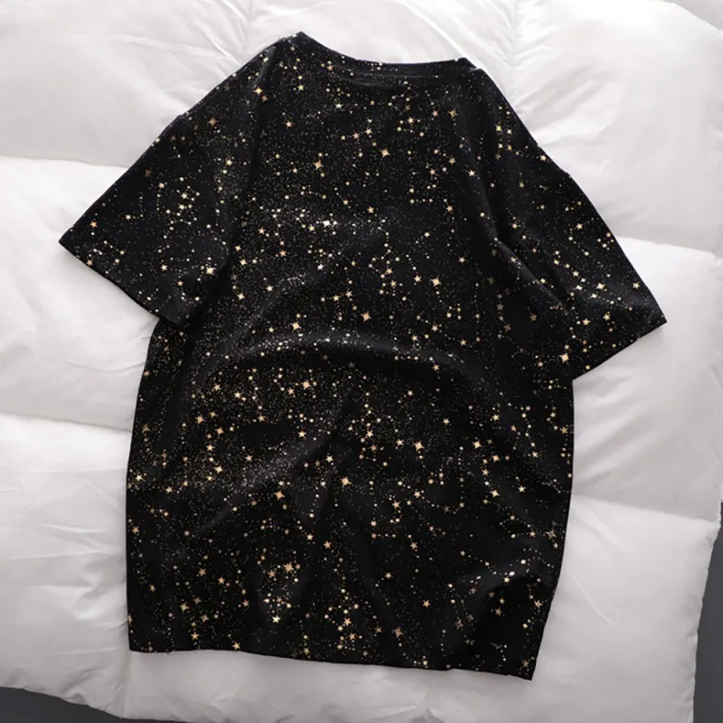 

2019 Summer New Women Tee Shirt Femme Round Collar Gold Stars Sequins Fashion T-Shirt High Street Short Sleeve Casual Women Tops