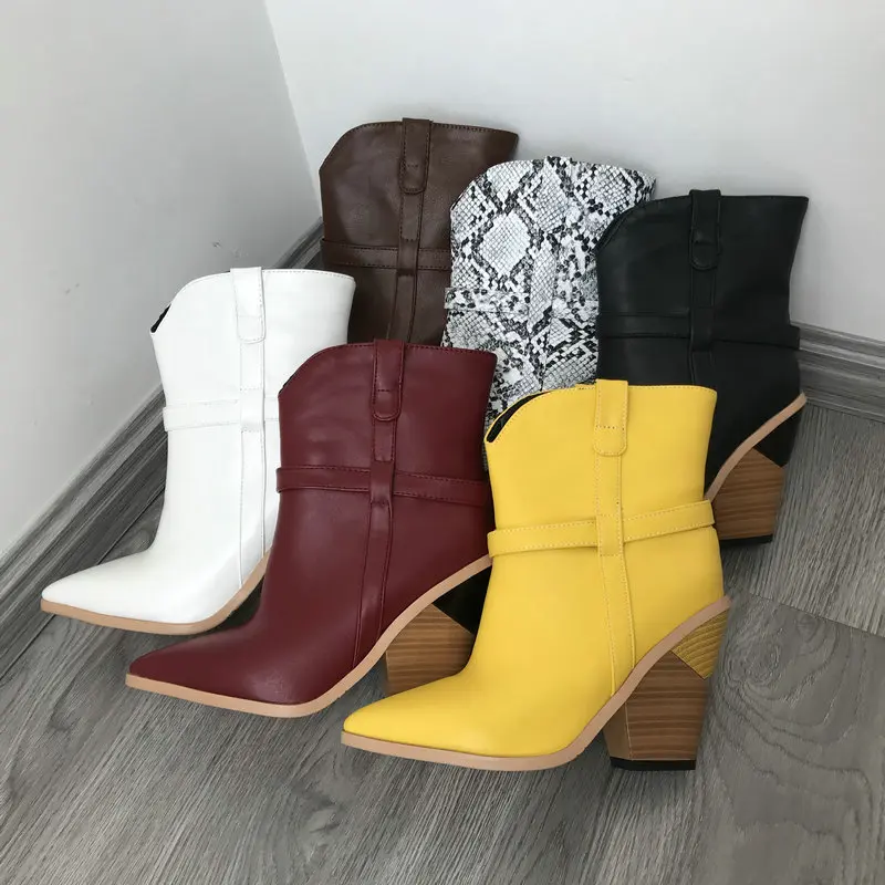 

Red Yellow Brown Black Snake Print Ankle Boots for Women Pointed Toe Square Heel Western Cowboy Boots Ladies 2019 Winter Booties