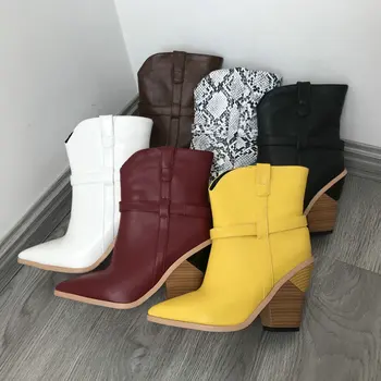 

Red Yellow Brown Black Snake Print Ankle Boots for Women Pointed Toe Square Heel Western Cowboy Boots Ladies 2019 Winter Booties
