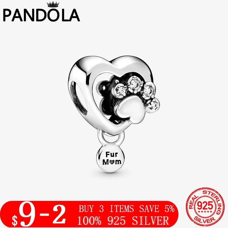 

Real 925 Sterling Silver Sparkling Paw Print & Heart Charm Pet Beads Fit Original Pandora Bracelet Bangle For Women Jewelry Gift
