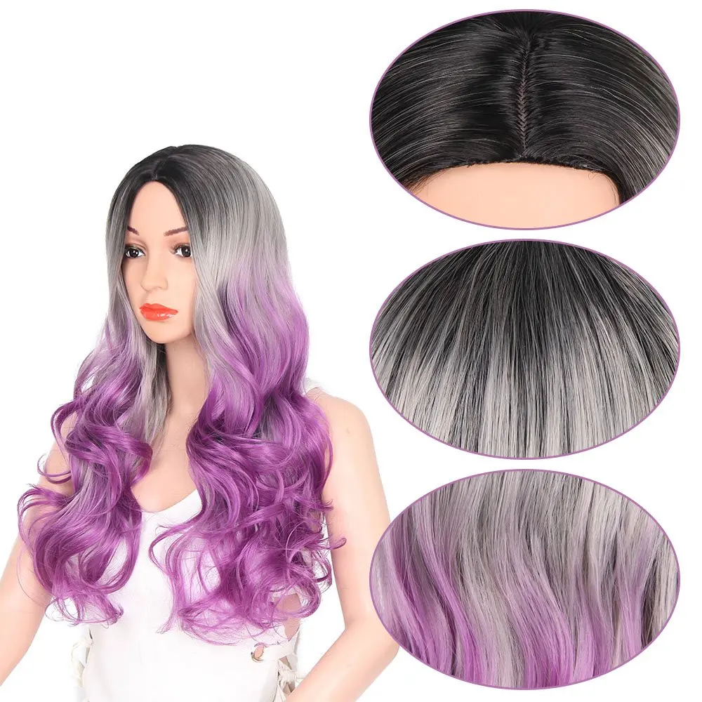 Штампованный славный 24 дюйма длинный синтетический парик Омбре черный/серый/фиолетовый кудрявый парик для женщин высокая температура волокна волос Косплей парик