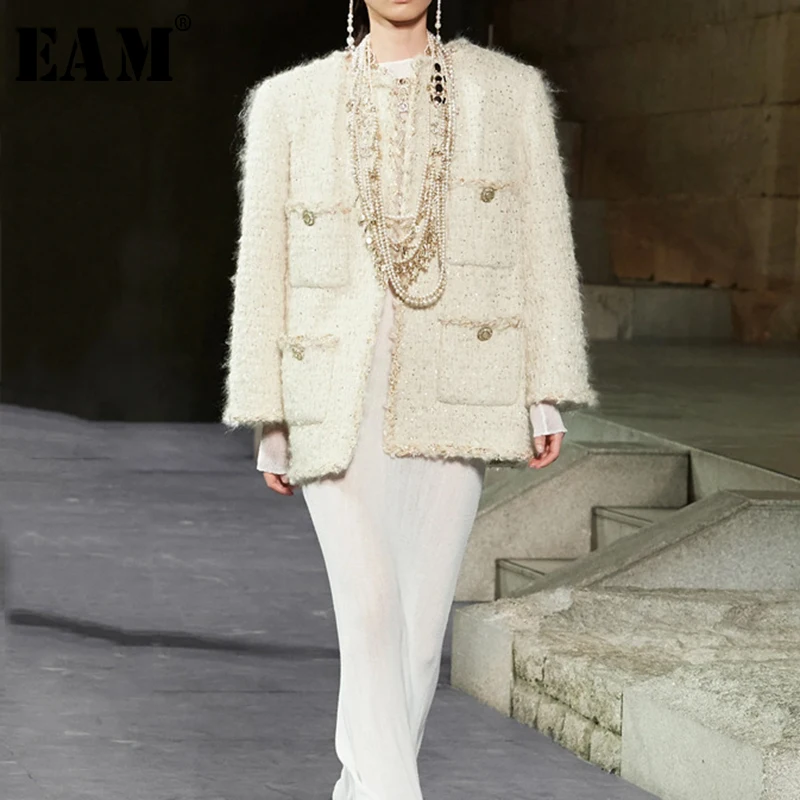 price cut  [EAM] Wool Loose Fit Lurex Button Pocket Jacket New Round Long Sleeve Women Coat Fashion Tide Autum