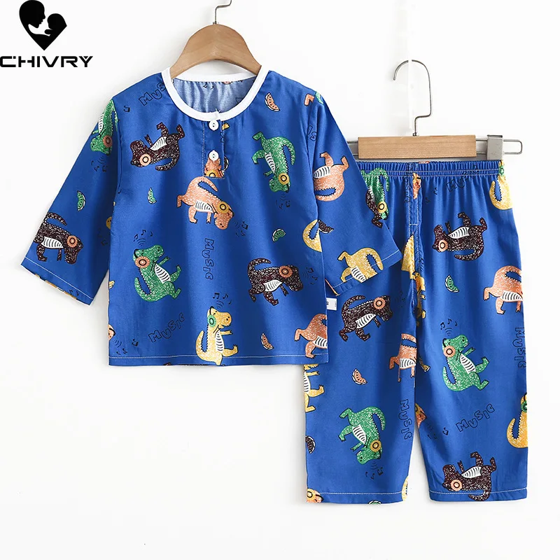 

New 2021 Boys Girls Summer Pajama Sets Cartoon Print Three-quarter Sleeve T-Shirt Tops with Pants Baby Sleeping Clothing Sets