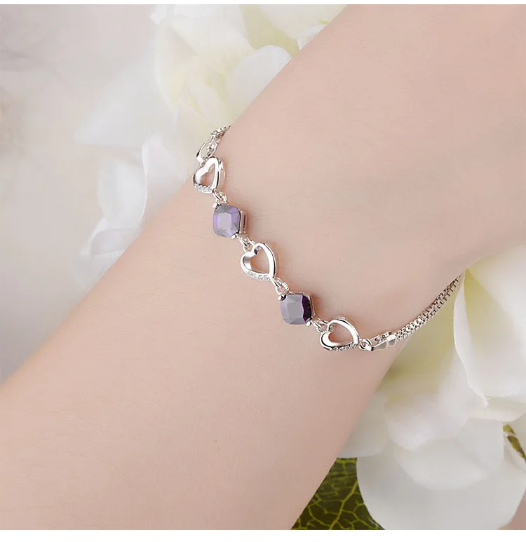 Heart Connected Charm Bracelets Women Fine Real Silver Double Bracelet 925 Sterling Silver Original Jewelry Purple Stone Zircon