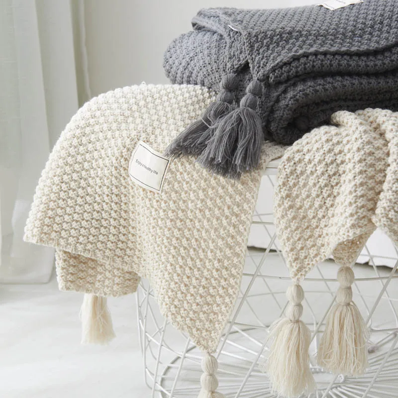 

Plain Air Conditioning Travel Blanket Knitted Tassel Blanket for Bed Sofa Cover Home Textile Anti-Pilling Portable Throw Blanket
