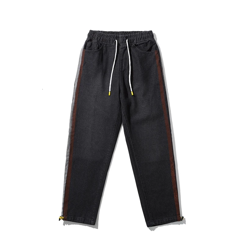 Autumn And Winter New Hong Style Thick Loose Straight Cut Jeans Fashion Casual Solid Color Pants Black / Gray M-4XL - Цвет: Black strip