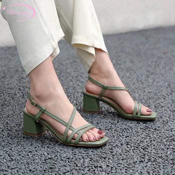 

Casual OL style summer sandals fashion narrow band belt buckle apricot beige green high with thick heel women's shoes big size
