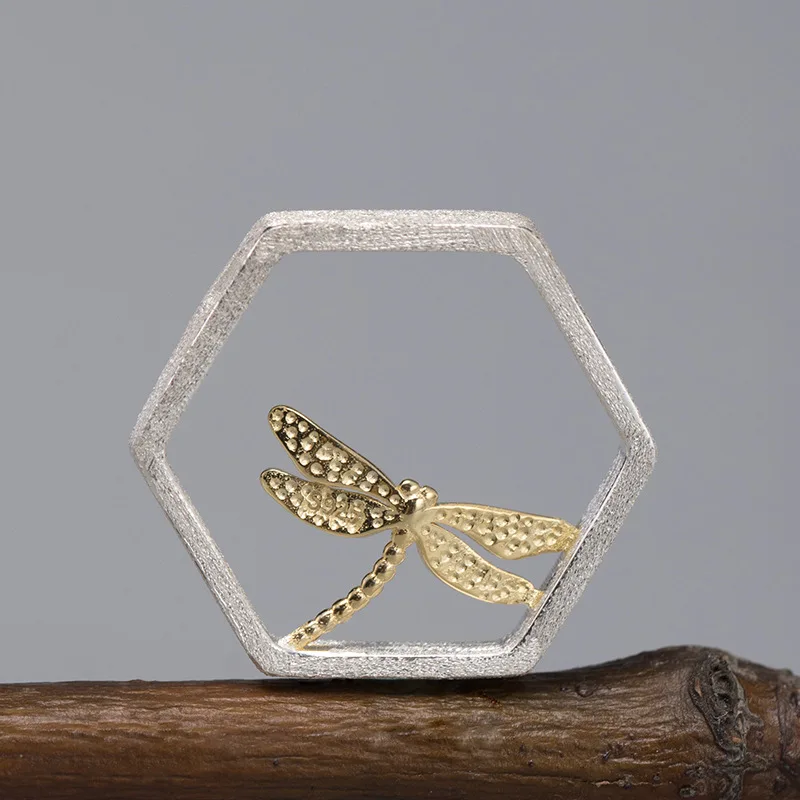Flyleaf Geometric Gold Dragonfly Hollow Hexagon Pendants Real 925 Sterling Silver Fine Jewelry For Women Gift High Quality