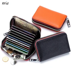 Genuine Leather Organ Card Case 12 Bits Business ID Credit Card Holder Zipper Coin Purse Portable Wallet 8 Colors for Women Men