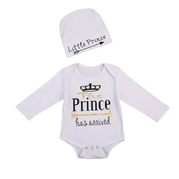 

Newborn Baby Boy Letter Romper Spring Prince has arrived Long Sleeve Romper+Hat Soft Outfit Clothes 0-24 Months