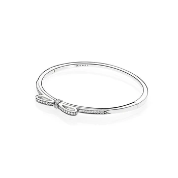 

SHINETUNG Original PAN 1:1 S925 Steling Silver Bracelet Shinning Bow Bangle Women’s Original Charm Bangles