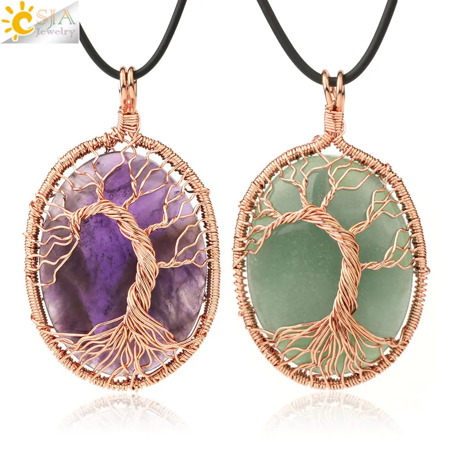 CSJA New Arrival Natural Stone Pendant Wire Wrap Tree of