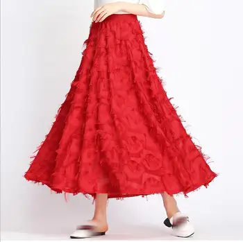 

New Summer Long Skirt Women Spring Feather Tassel Skirts Female Elegant Runway Skirt Maxi Party Jupe Faldas Largas Mujer